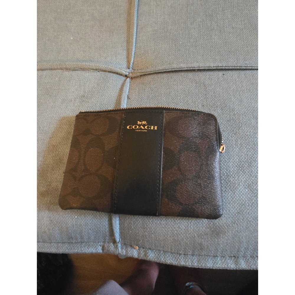 Coach Signature Monogram Small Zip Pouch Brown Black Coated Canvas Wallet